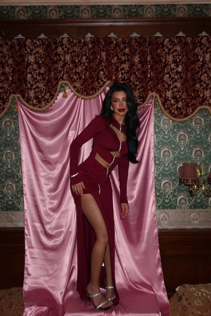 Claret Red Olesia Stone Detailed Long Dress