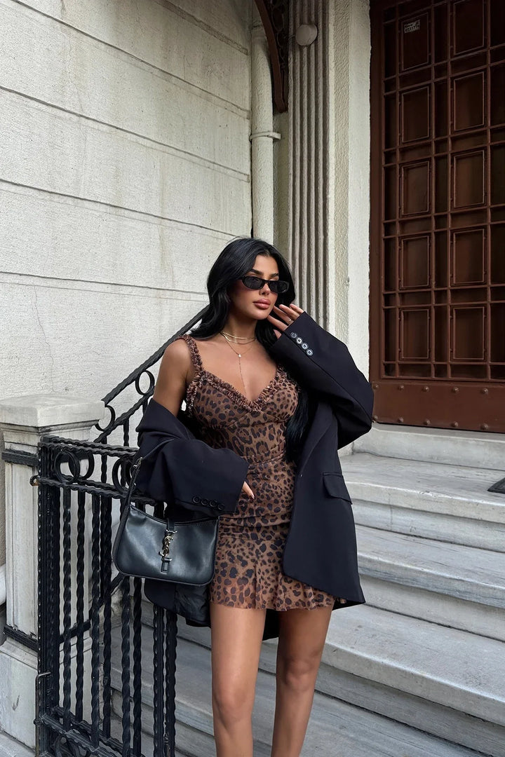 Brown Zadie Leopard Patterned Mini Tulle Dress