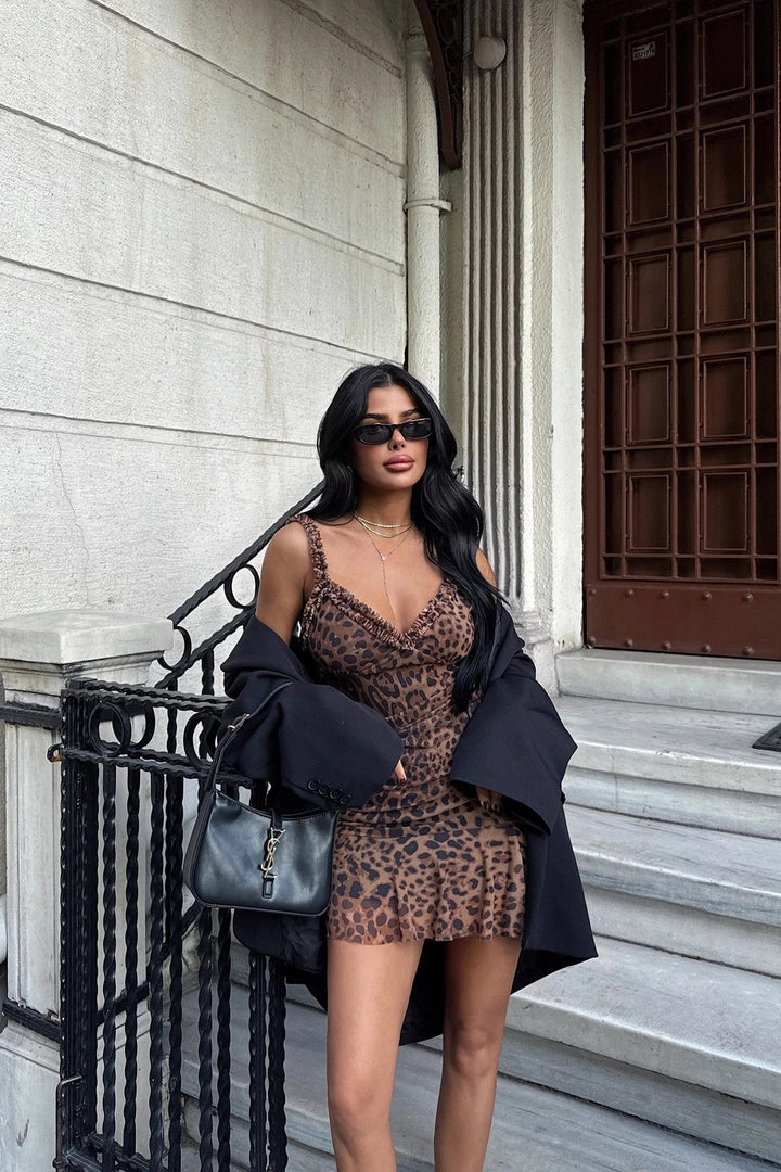 Brown Zadie Leopard Patterned Mini Tulle Dress