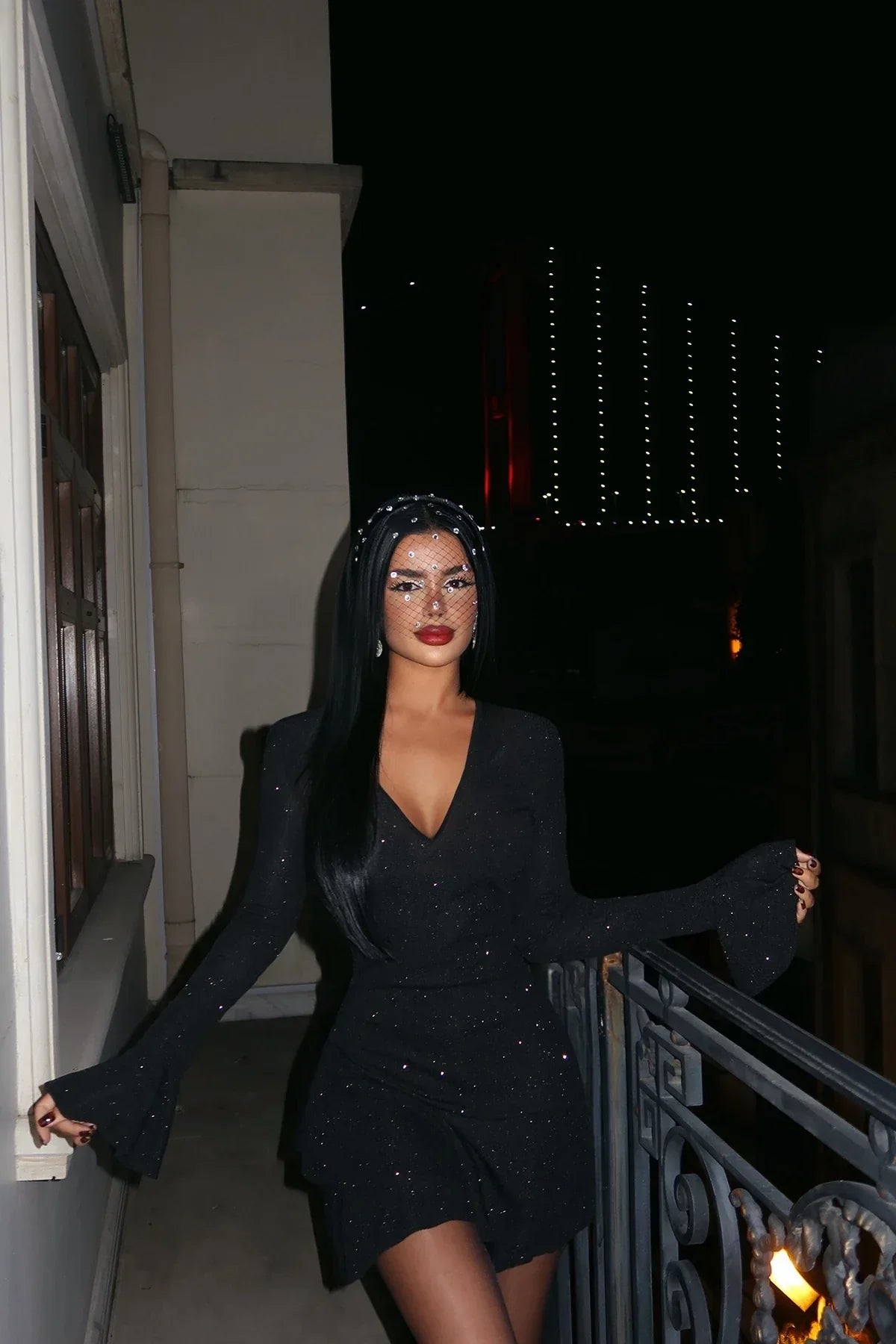 Black Glitter V-Neck Mini Dress