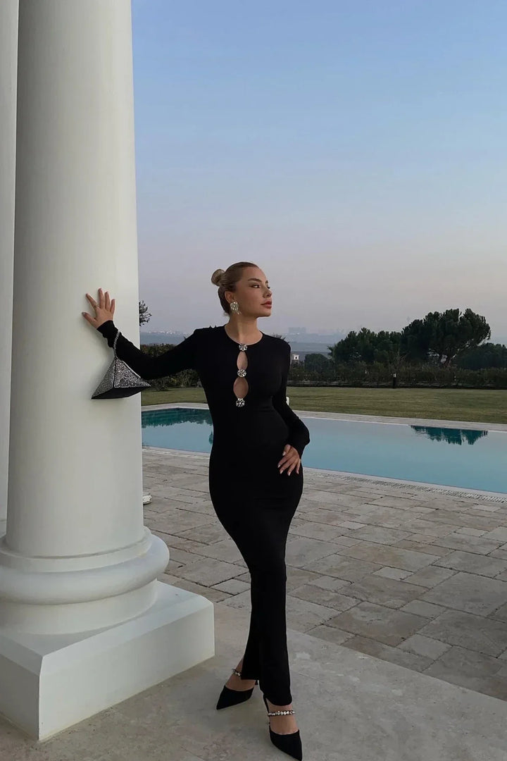 Black Stone Detail Long Dress