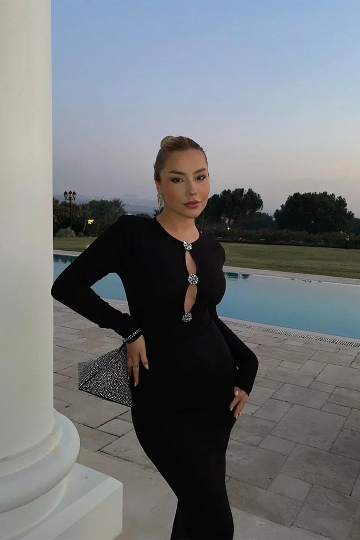 Black Stone Detail Long Dress