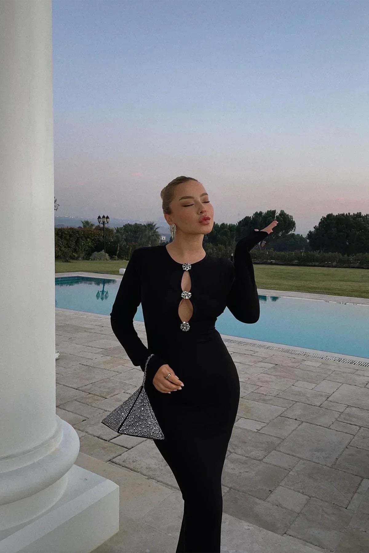 Black Stone Detail Long Dress