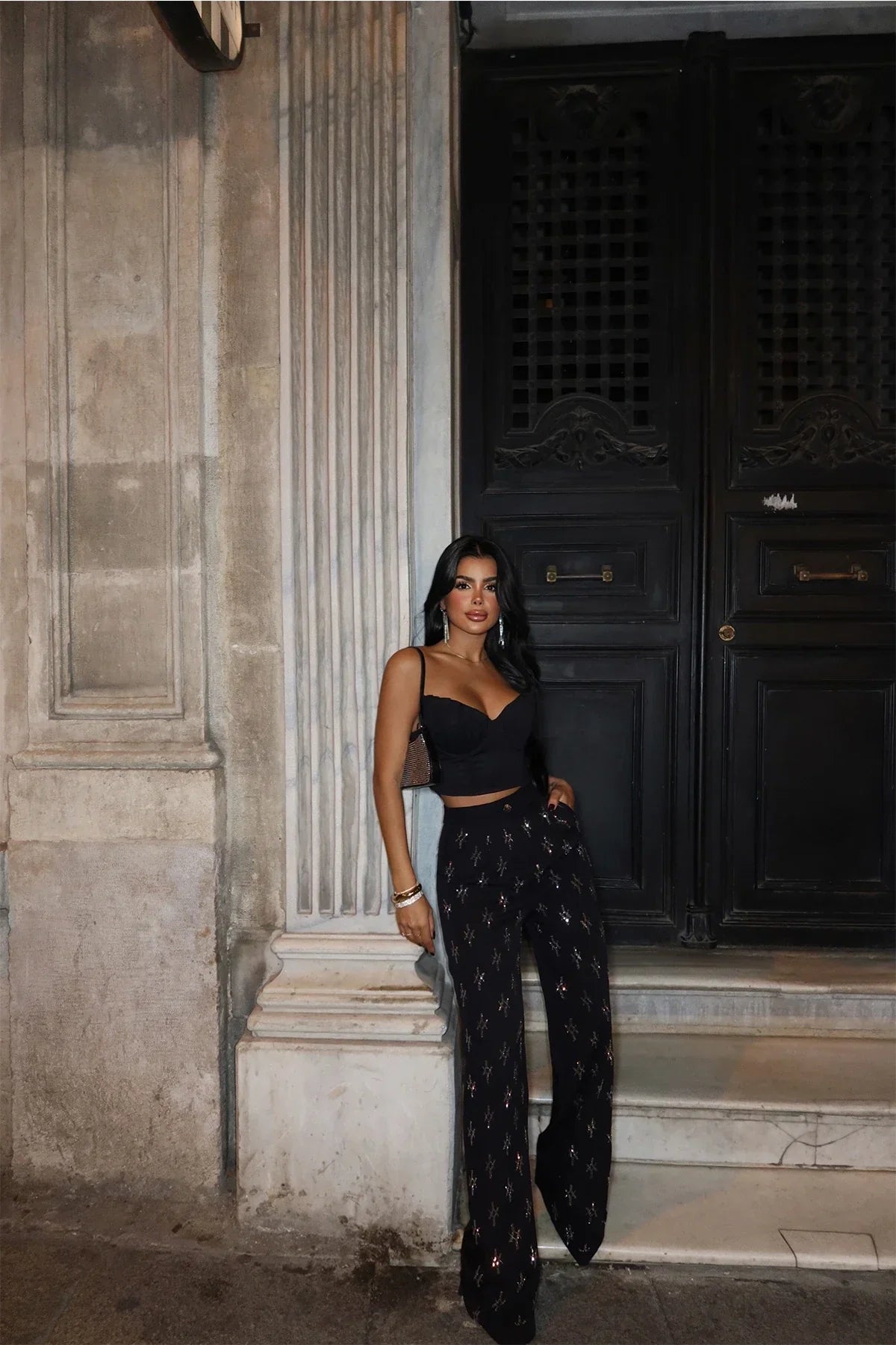Black High Waist Stone Detail Trousers