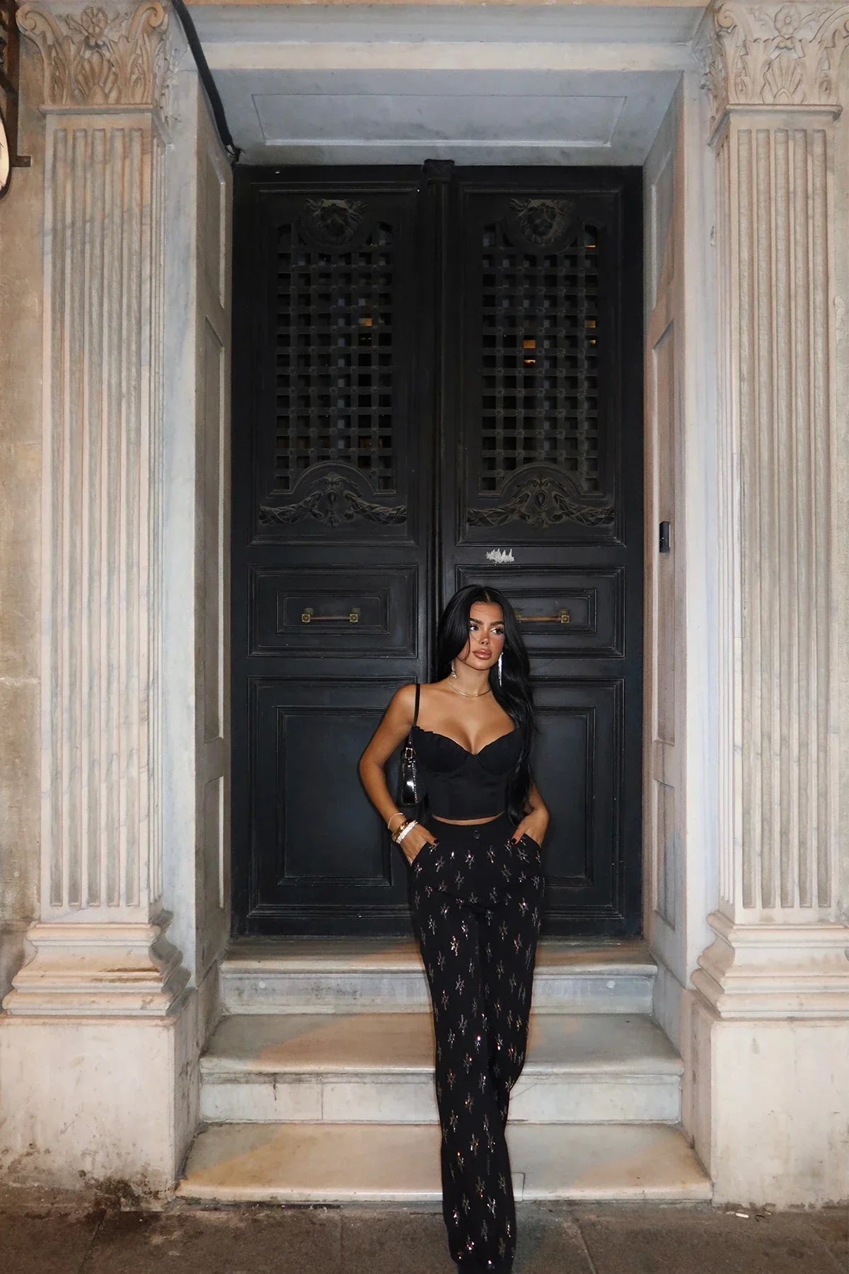 Black High Waist Stone Detail Trousers