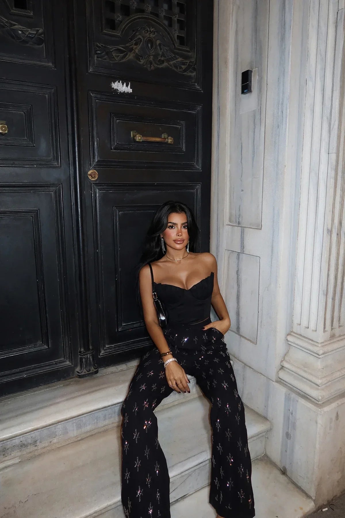 Black High Waist Stone Detail Trousers